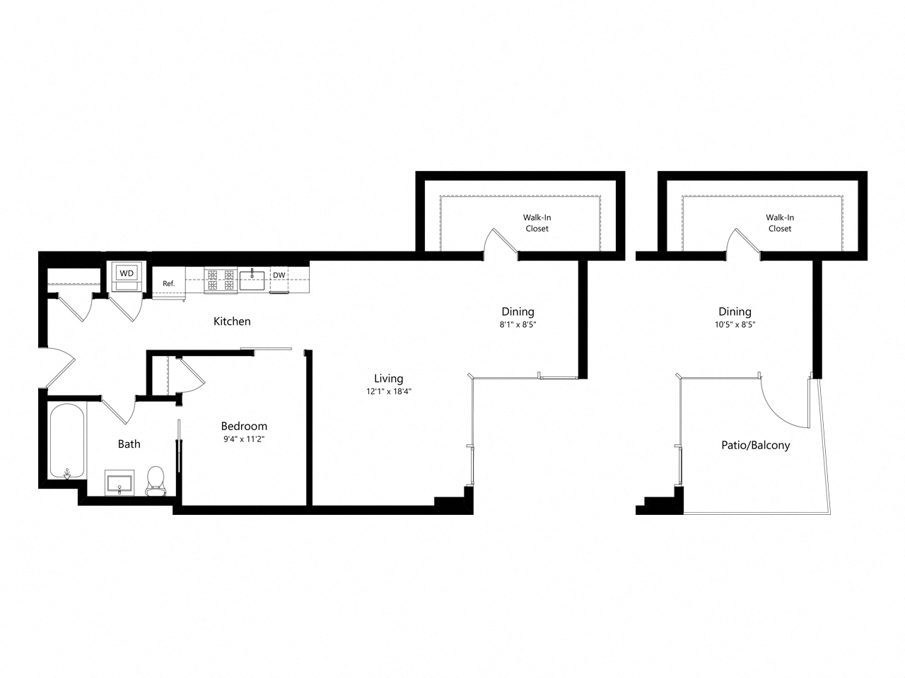 Floor plan for 1 bed, 1 bath, 734 sqft